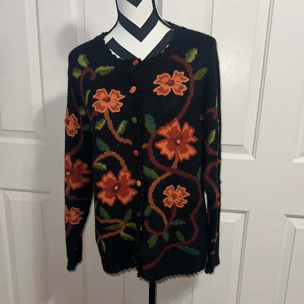 Vintage Floral Black Sweater Cardigan